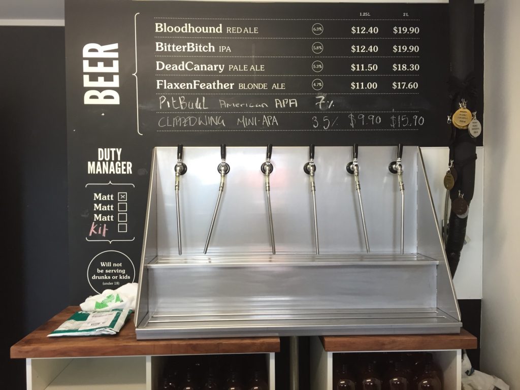 This image shows a beer tap station with six taps, a blackboard listing beer names and prices, and a notice about a duty manager.